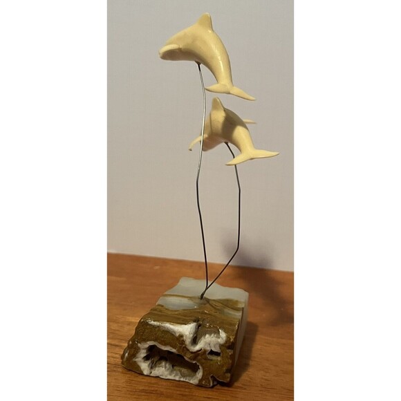 Marvin Wernick Kinetic 2 Dolphins on Wire Statue 1974 Quartz Marble Base Vintage - Picture 4 of 7